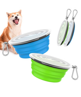 Pawaboo collapsible Dog Bowls 2 Pack, Silicone Feeding Watering Bowls with Lids & carabiners for Dogs cats, Portable collapsable Water Feeder Food Bowl for Walking Traveling Home Use, Blue + green