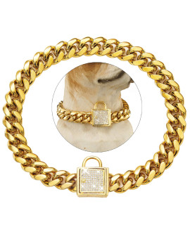 ToBeTrendy Cuban Link Dog Collar Designer Gold Chain Collar with Zirconia Locking 14mm Metal Puppy Collar Luxury Dog Bling Necklace(14MM, 10")