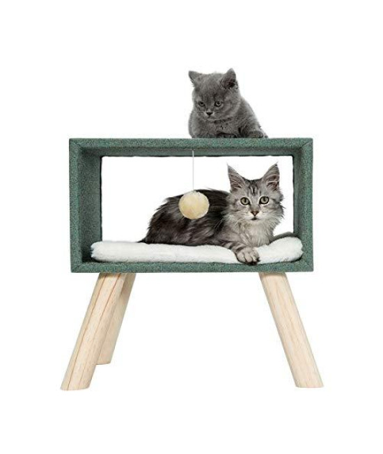 Furrytail Scandinavian Style Elevated Cat Bed, Super Soft Plush & Chenille Fabric with Solid Wood Frame Legs and Teasing Ball, Modern Raised Cat Sofa Chair Furniture