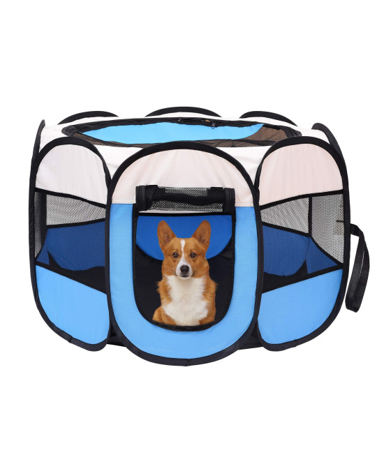 Mile High Life Foldable Dog Playpen Portable Dog Crate W Removable Shade Cover Dog Kennel Indooroutdoor W Carry Case Pen Tent For Dogcatrabbit(Blue, Medium (36X36X23))