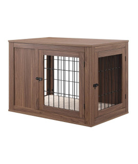 unipaws Furniture Style Dog crate End Table with cushion Wooden Wire Pet Kennels with Double Doors Medium Dog House Indoor Use