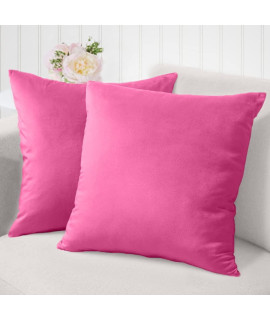 The connecticut Home company Velvet Throw Pillow covers, Set of 2, Soft Decorative Square Pillowcases, Luxury Home DAcor Accent cushion cases for Livingroom couch, Bedroom Sofa Bed, 16x16, Bright Pink