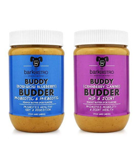 BUDDY BUDDER Bow-Wow Blueberry (probiotic + prebiotic) + Cranberry Canine (Hip + Joint), 100% Natural Dog Peanut Butter, Healthy Peanut Butter Supplements, Made in USA (17oz Jars)