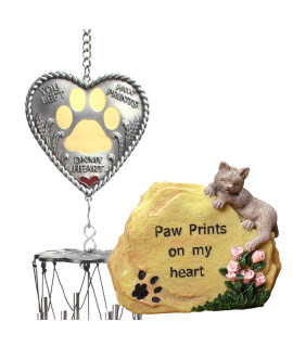 BANBERRY DESIGNS Cat Memorial Gift Set - Paw Prints on My Heart Winchimes and Small Cat Garden Stone -