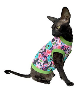 Kotomoda Hairless Cat's Cotton Stretch T-Shirt Mexican Sculls for Sphynx Cats (XS)