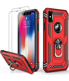 Lumarke Iphone Xs Max Case With Tempered Glass Screen Protector,Iphone Xs Max Cover Military Grade 16Ft Drop Tested Cover With Magnetic Ring Kickstand Protective Phone Case For Iphone Xs Max Red