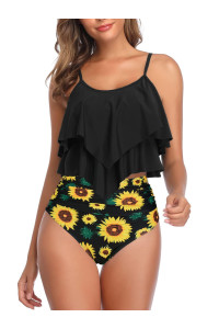 Womens Tankini Swimsuits High Waisted Bathing Suits Tummy Control Ruffled Top Swimwear Two Piece Swimming Suits 07 Black Sunflower 14-16