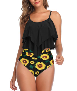 Womens Tankini Swimsuits High Waisted Bathing Suits Tummy Control Ruffled Top Swimwear Two Piece Swimming Suits 07 Black Sunflower 14-16