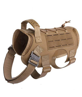 RubRab Tactical Dog Harness Vest Medium with Handle Pulling, Military Working Dog Molle Vest with Metal Buckles & Loop Panels, Adjustable Training Harness with Leash Clips Hunting (L Brown Harness)