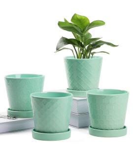 BUYMAX Plant Pots Indoor -5 in ceramic Flower Pot with Drainage Hole and ceramic Tray - gardening Home Desktop Office Windowsill Decoration gift, Set of 4 - Plants Not Included(Mint green)