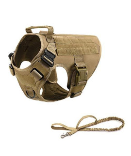 RubRab Tactical Dog Harness Vest with Handle Military Working Training Molle Vest with Metal Buckles & Loop Panels for Large Dogs for Walking Hiking Hunting Training Free Bungee Dog Leash (Brown M)