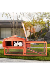 LinkRomat Rabbit Hutch Pet House, Rabbit Cage, Outdoor Large Wooden Bunny House with Ventilation Door, Removable Tray and Ramp for Small Animals with Run Bunny House Indoor & Outdoor, Orange