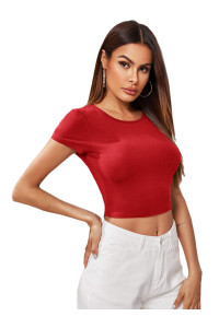 Sweatyrocks Womens Basic Short Sleeve Scoop Neck Crop Top Dark Red Medium
