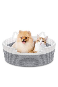 Zannaki Small Cute Cat Bed with Soft Cushion, Cotton Rope Woven Basket Nest with Pillow Mat for Kitty Small Dog Puppy, Soft Style Scratch-Free Machine Wash Foldable Small Pet Animal Beds