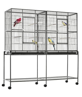 PawHut 65" Double Rolling Metal Bird Cage Feeder with Detachable Rolling Stand, Storage Shelf, Wood Perch & Food Container