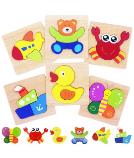 Wooden Shape Puzzles, Animals Jigsaw Toys Montessori Learning Educational Preschool Toy for 1 2 3 Years Old Kids, 6 Pack Easter gift by Flyingseeds