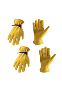 Hldd Handlandy 2 Pairs Cowhide Leather Work Gloves With Reinforced Palm For Men & Women, Adjustable Wrist Rigger Glove For Driver, Construction, Yardwork, Gardening (Xl, Yellow)