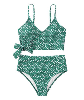 Sweatyrocks Womens Two Pieces Swimsuit Floral Print Tie Side Top High Waisted Bikini Set Green M