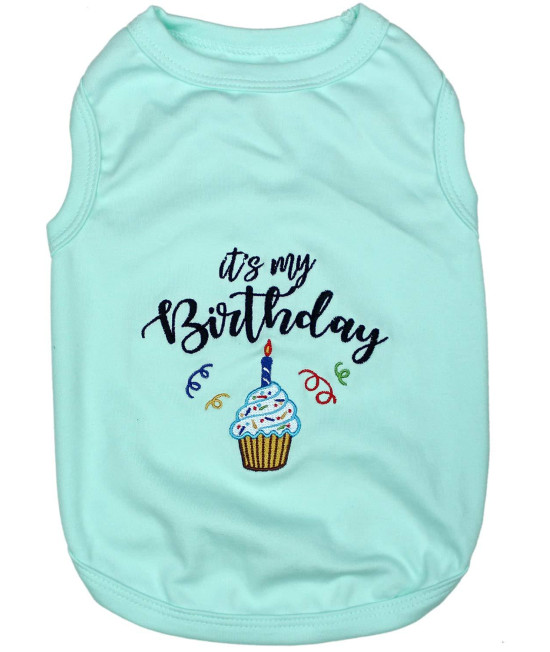Parisian Pet Dog Summer clothes Its My Birthday Blue Funny Dog Tshirt with Embroidery Pattern, Size XS