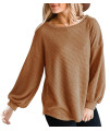 Merokeety Womens Long Balloon Sleeve Waffle Knit Tops Crew Neck Oversized Sweater Pullover, Brown, Xl