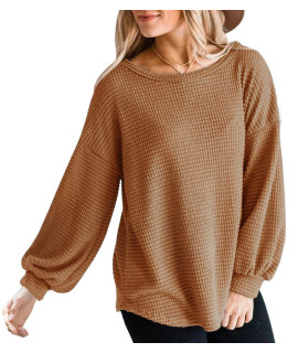 Merokeety Womens Long Balloon Sleeve Waffle Knit Tops Crew Neck Oversized Sweater Pullover, Brown, Xl