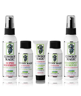 cowboy Magic Shampoo, conditioner, Detangler Shine, Super Bodyshine, and greenspot Remover Sampler Kit