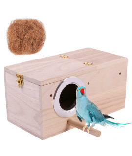 Hand crafted Extra Large Parakeet Nest Box Budgie Bird House with Natural coconut Fiber Nesting Material Natural Wood Breeding Box for cockatiel, Lovebirds, Parrotlets and Small to Medium Birds