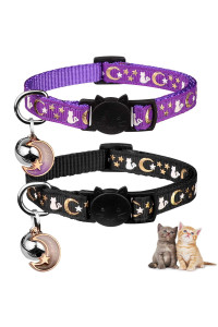 2PcS Breakaway cat collars with Bell Moons Stars cute Kitty Adjustable Safe Kitten collars with Pendant glow in The Dark(BlackPurple)