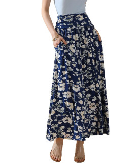 Doublju High Waist Maxi Skirts For Women Long Length Skirts With Pockets Galaxybluefloral M