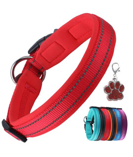 PcEoTllar Padded Dog collar with Tag Reflective Adjustable Dogs collars Soft Nylon Neoprene Super Light Breathable for Small Medium Large Dogs - Red M