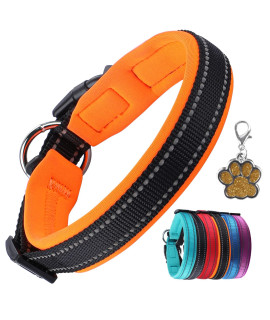 PcEoTllar Padded Dog collar with Tag Reflective Adjustable Dogs collars Soft Nylon Neoprene Super Light Breathable for Small Medium Large Dogs - Orange L