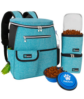 PetAmi Dog Travel Bag Backpack | Backpack Organizer with Poop Bag Dispenser, Pockets, Food Container Bag, Collapsible Bowl | Weekend Pet Travel Set for Hiking Overnight Camping Road Trip (Turquoise)