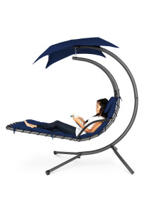 Best choice Products Outdoor Hanging curved Steel chaise Lounge chair Swing wBuilt-in Pillow and Removable canopy - Navy Blue