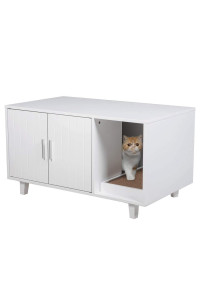 Modern Wood Pet crate cat Washroom Hidden Litter Box Enclosure Furniture House Table Nightstand with cat Scratch Pad (White)
