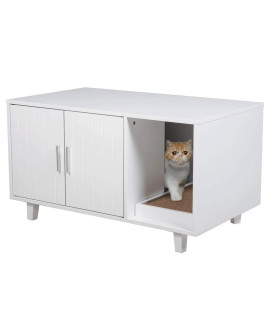 Modern Wood Pet crate cat Washroom Hidden Litter Box Enclosure Furniture House Table Nightstand with cat Scratch Pad (White)