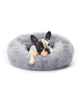 Eterish 23 inches Fluffy Round calming Dog Bed Plush Faux Fur, Anxiety Donut Dog Bed for Small Dogs and cats, Pet cat Bed with Raised Rim, Machine Washable, Light grey