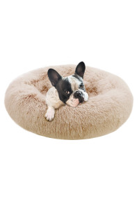 Eterish 23 inches Fluffy Round calming Dog Bed Plush Faux Fur, Anxiety Donut Dog Bed for Small Dogs and cats, Pet cat Bed with Raised Rim, Machine Washable, Brown