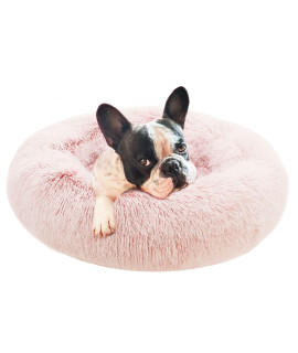 Eterish 23 inches Fluffy Round calming Dog Bed Plush Faux Fur, Anxiety Donut Dog Bed for Small Dogs and cats, Pet cat Bed with Raised Rim, Machine Washable, Pink