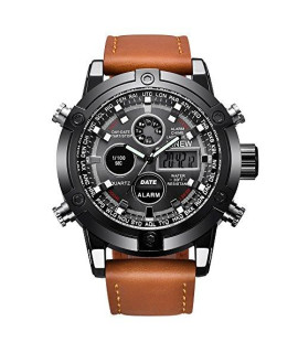 Luxury Dual Movt Men's Leather Quarz Analog Digital LED Sport Calendar Wrist Watch B046