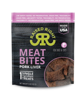 Raised Right Pork Meat Bites, Single Ingredient Liver Treats for Dogs & cats - 5 oz Bag