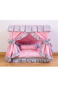 Princess Pink Grey White Heart Pet Dog Handmade Bed House+1 Candy Pillow (S)