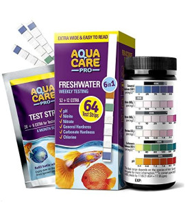 Freshwater Aquarium Test Strips 6 In 1 - Fish Tank Test Kit For Testing Ph Nitrite Nitrate Chlorine General Carbonate Hardness (Gh Kh) - Easy To Read Wide Strips Full Water Testing Guide - 64 Ct