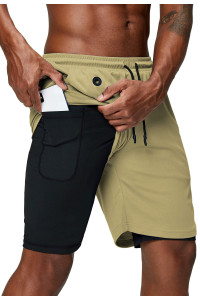 Pinkbomb Mens 2 In 1 Running Shorts Gym Workout Quick Dry Mens Shorts With Phone Pocket (Khaki, Large