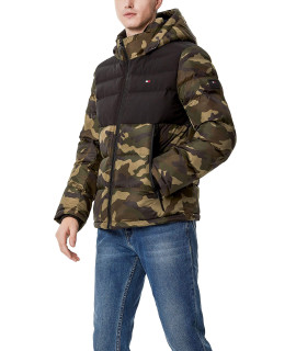 Tommy Hilfiger Mens classic Hooded Puffer Jacket, camoBlack Two Tone, Small