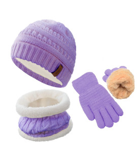 girls Winter Hat Scarf gloves Set for cold Weather, Kids Beanie Hat Infinity Scarf Knitted gloves Sets Purple Knit Thick Warm Fleece Lined Thermal Set for 6-10 Years Old Boy Baby Toddler children