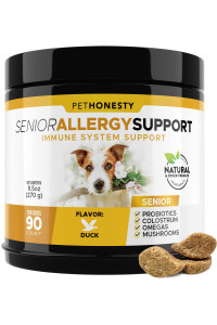 Pet Honesty Senior Dog Allergy Relief Chews, Omega 3 Salmon Fish Oil Probiotic Supplement for Anti-Itch, Hot Spots, and Seasonal Allergies (Duck)