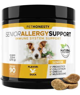 Pet Honesty Senior Dog Allergy Relief Chews, Omega 3 Salmon Fish Oil Probiotic Supplement for Anti-Itch, Hot Spots, and Seasonal Allergies (Duck)