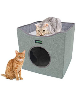 JESPET Foldable Cat Condo, Cat Cube House & Sleeper Bed with Lying Surface 2 Reversible Cushions, Cat Hiding Place, Cat Cave, Linenette Fabric, Felt and Engineered Wood, Scratch Resistant, Sage Green