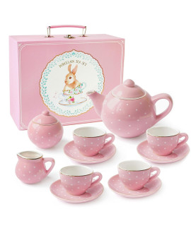 Jewelkeeper Porcelain Tea Party Set for Little girls, 13 Pieces carrying case, Pink Polka Dot Design - great gift for Kids