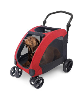 Dog Stroller for Medium Large Dog - 4 Wheels Foldable Pet Travel Stroller Jogger with Adjustable Handle Load Capacity 133 lb (Red)